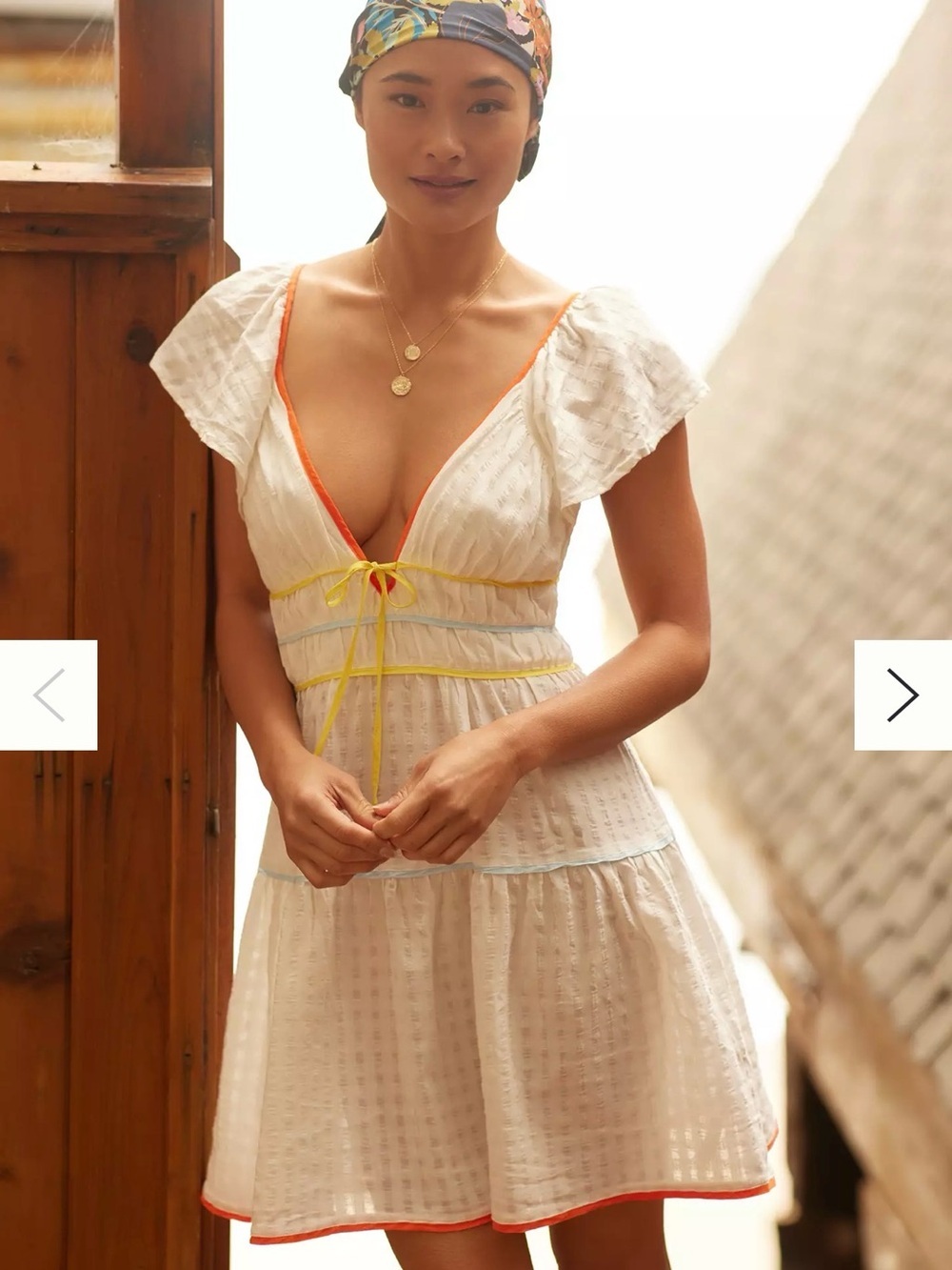 Anthropologie Cream Flutter Sleeve Deep V Neck Tiered Mini Sun Dress Women’s M